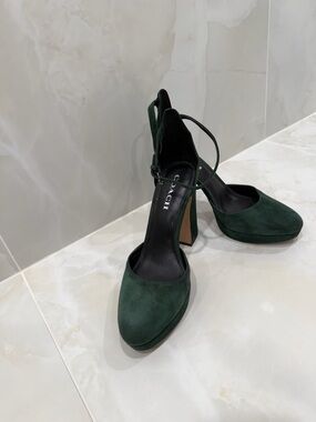 COACH Dark Green Suede Ankle-Strap Block Heel Pumps